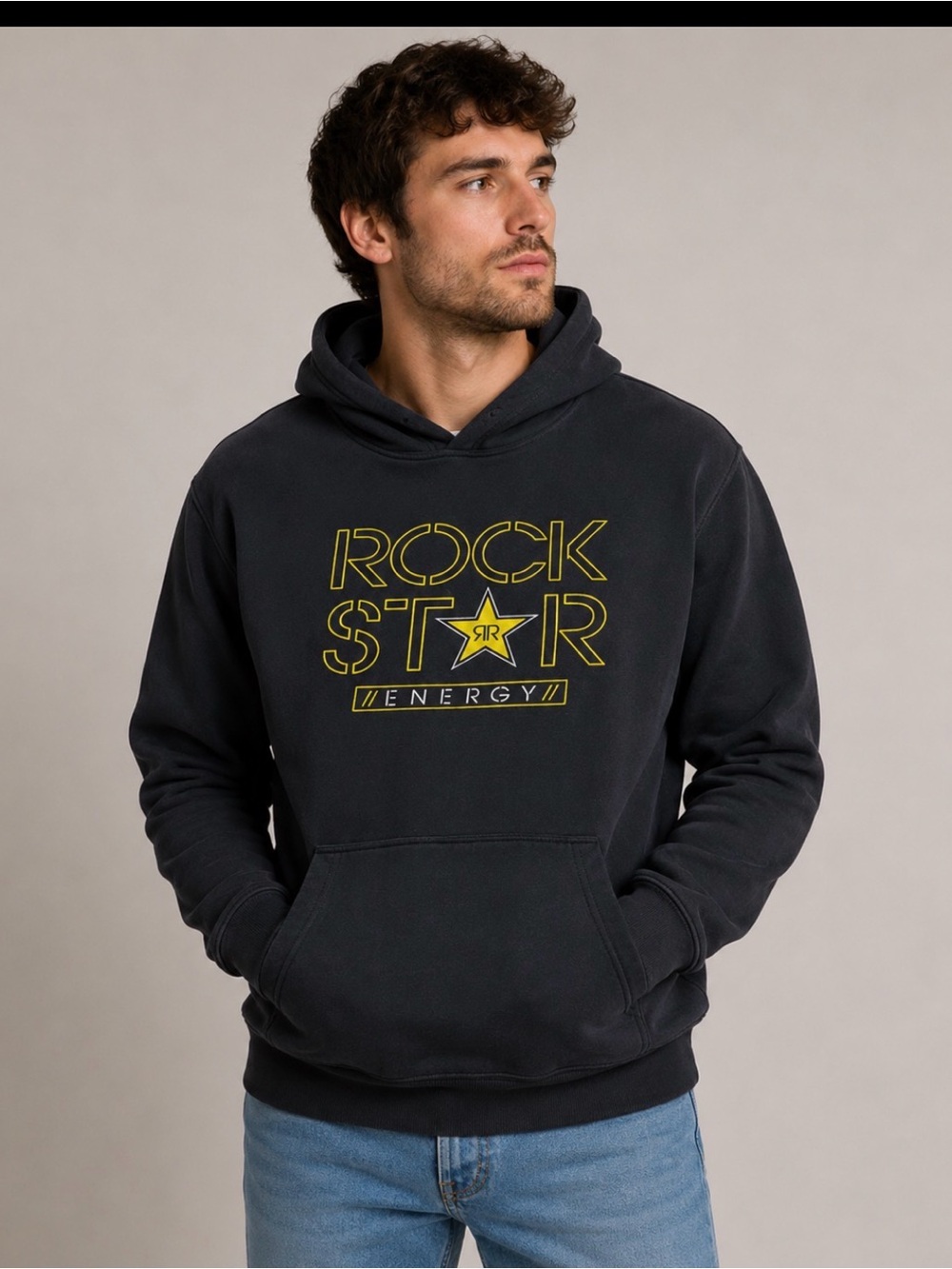 Men's Rockstar Hoodie Rock Star graphic spell out hoodie black gold star SZ XL